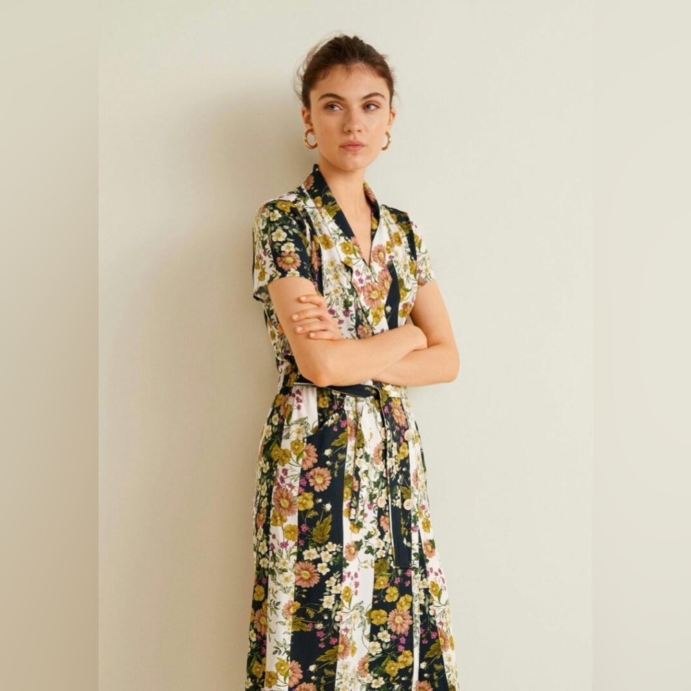 Mango Floral Print Black & White Wrap Dress